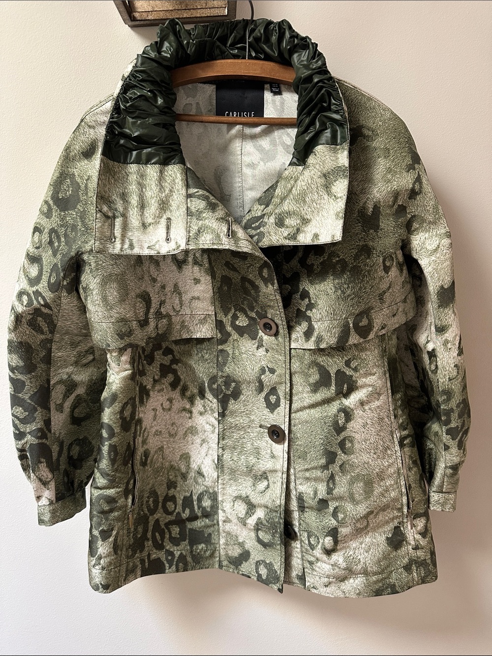 Carlisle Green Leopard Print Utility Jacket with Ruched Collar